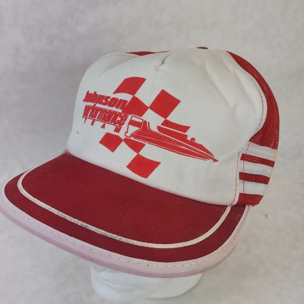 Johnson Boat Racing Hat Snapback Baseball Vintage 80s Cap Stripes Dad Trucker